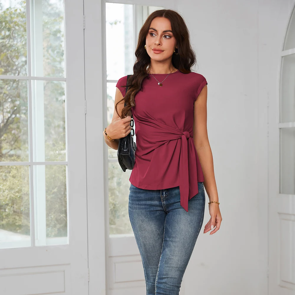 Gk kvinder bluser foran sløjfe knude dekorerede toppe klassiske kasketærmede rund hals pullover sommertoppe bluser femme