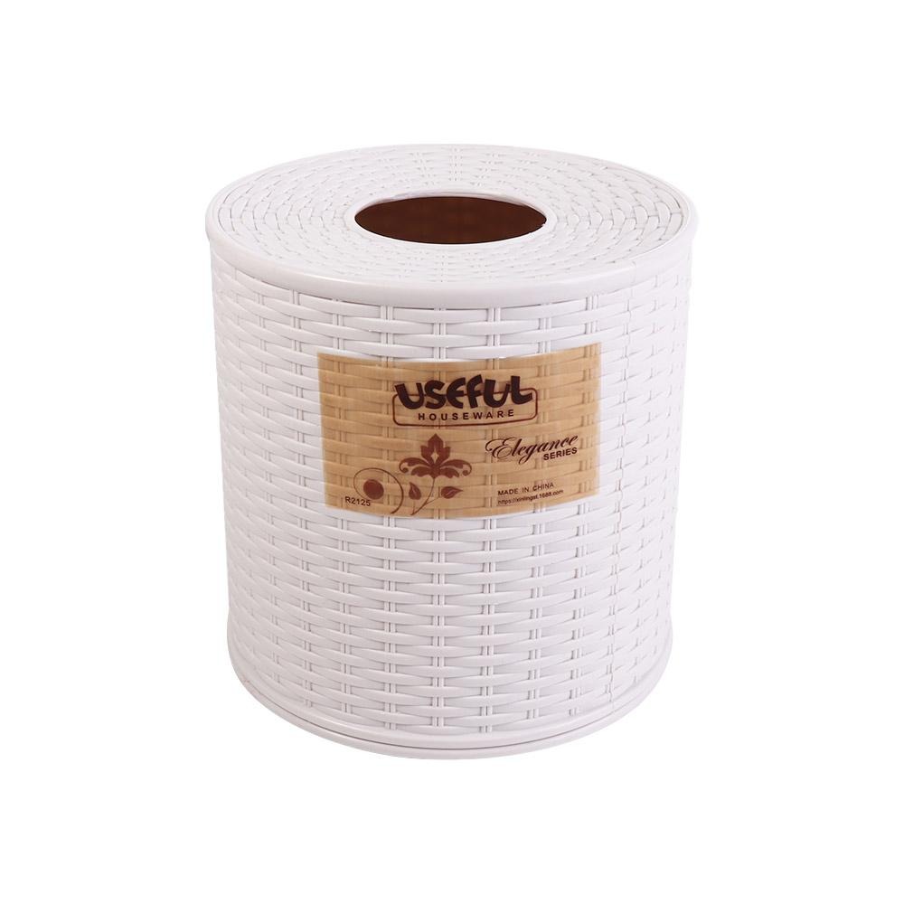 Caja de almacenamiento de pañuelos de mimbre de simulación Beige/marrón oscuro, rollo decorativo a prueba de polvo, estante de papel, contenedor, caja de pañuelos de plástico redonda: Blanco