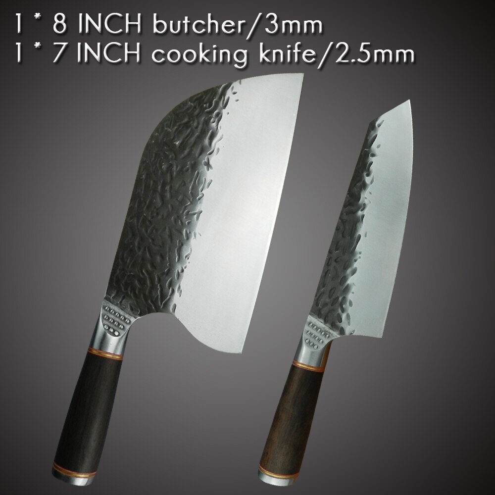Handmade Forged Cleaver Butcher Knife 8 INCH Slaughter Chopping Cutting Bone Stainless Steel 5CR15 Knife Camping Hiking Tool: 2PCS SET-E
