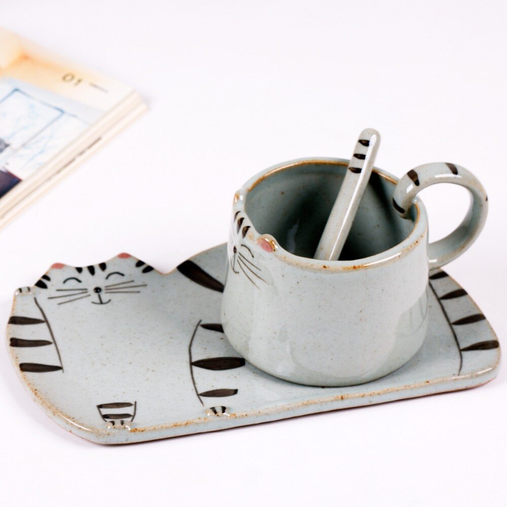 Cute Cat Coffee Mugs Saucer Spoon Cartoon Tea Cups Drinkware