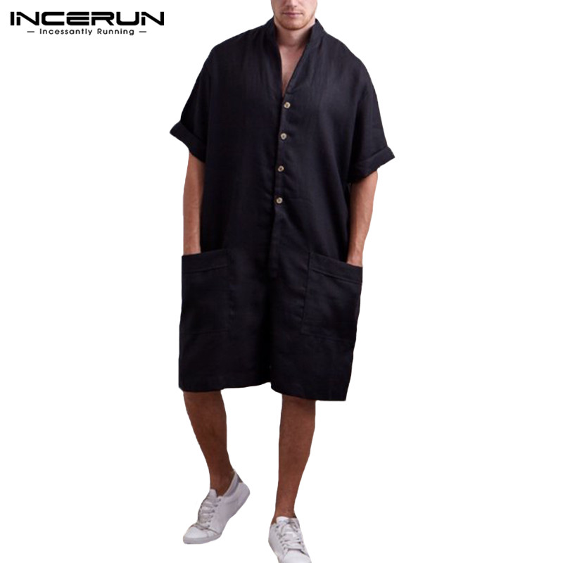Streetwear Mens Romper Short Sleeve Solid Button Big Pockets Jumpers Vacation Overalls Cargo Suits Casual Rampers Pants