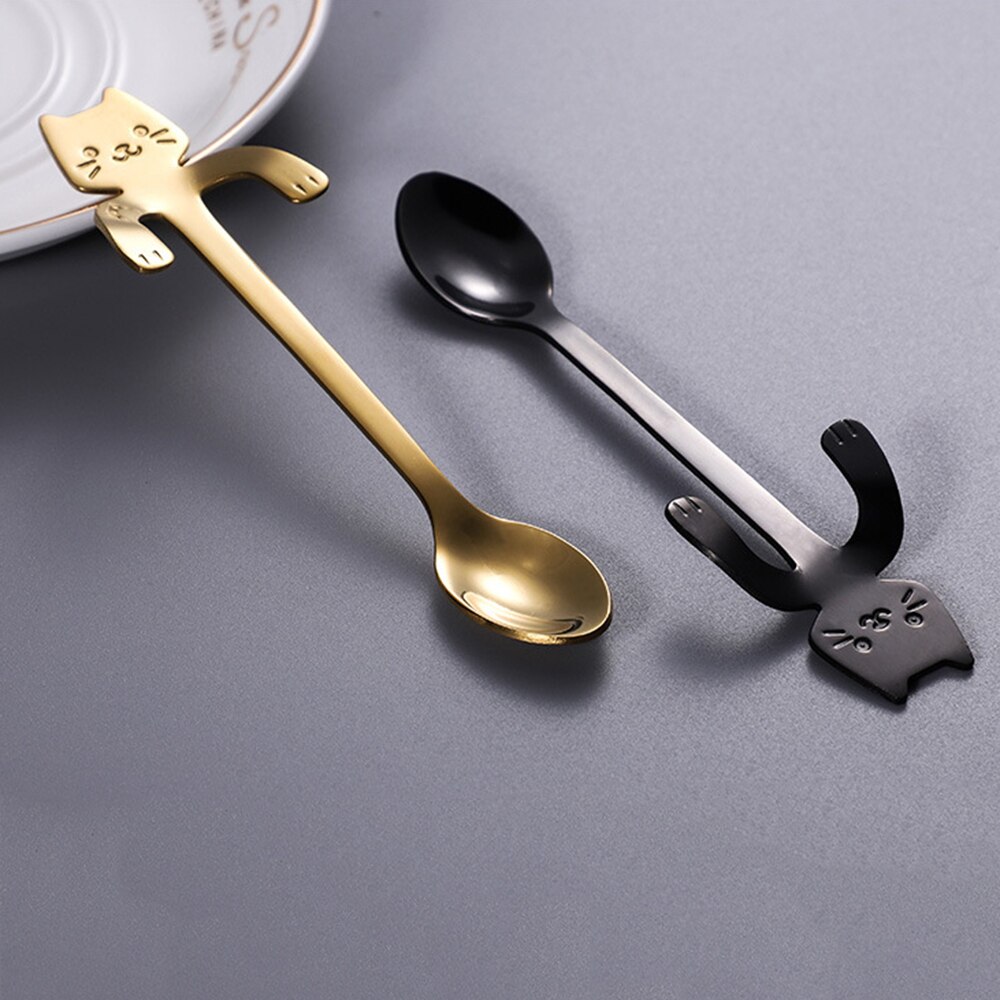Small Mini 304 Stainless Steel Cute Cat Teaspoons Cartoon Spoons Ice Cream Dessert Spoon Long Handle Coffee&Tea Spoon