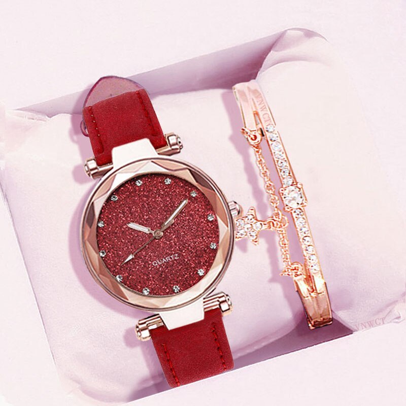 Vrouwen Sterrenhemel Horloge Armband Luxe Diamanten Horloges Dames Casual Lederen Band Quartz Horloge Vrouwelijke Klok Zegarek Damski: Red bracelet