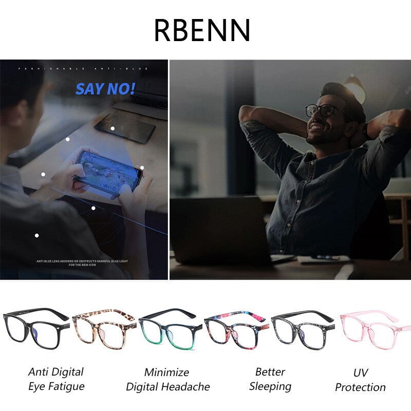 Rbenn blauw licht blokkerende computerbril, vierkante nerdbril, montuur, anti-oogvermoeidheid, hoofdpijn, computerleesbril  uv400