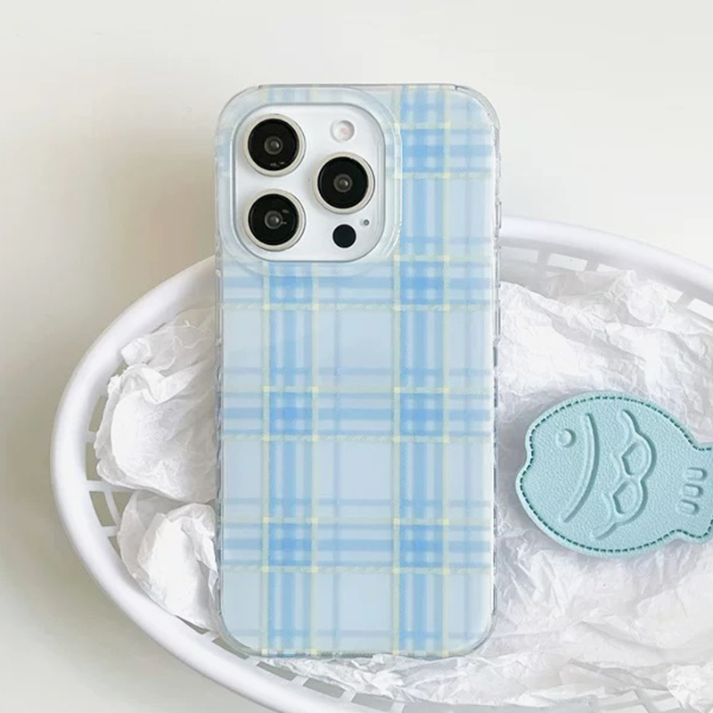 Ins koreaans mooi blauw geruit telefoonhoesje voor iphone 16 15 14 13 12 11 pro max 16e 7 8 plus x xr xs max se schokbestendige achterkant