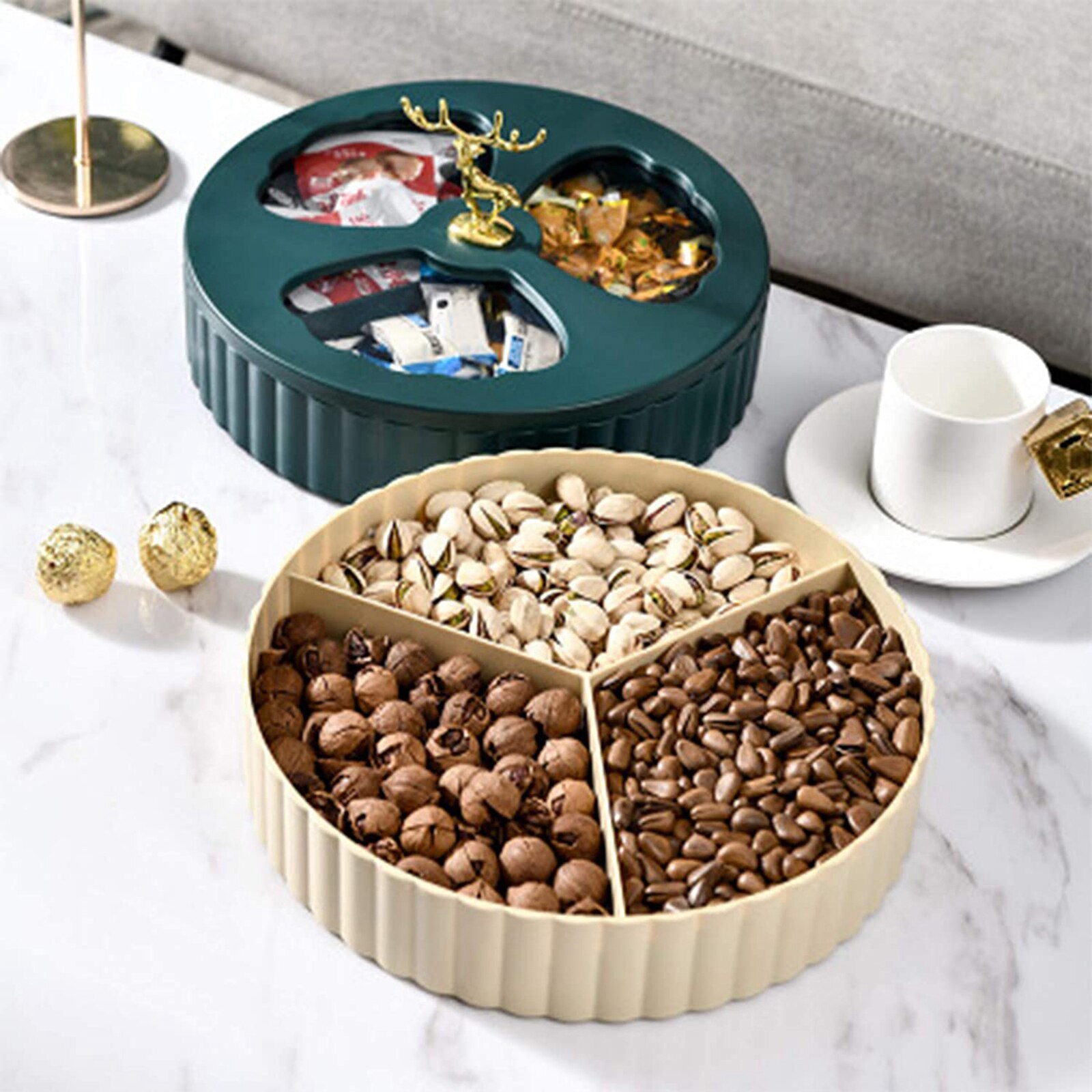 1/2/ Rotating Snack Containers Nut Serving Platter w/ 3 Compartments