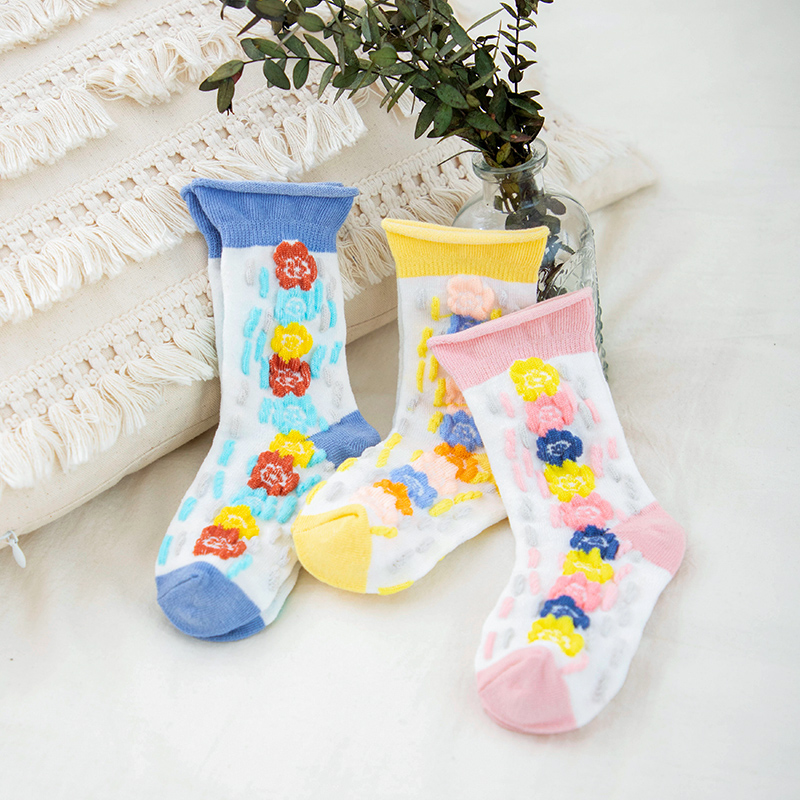 Calzini estivi a bolle per ragazze bordi arrotolati creativi Design fiori calzino per bambini calzino corto in morbido cotone traspirante per bambini 3 paia: NS159 / M(3-5 Years Old)