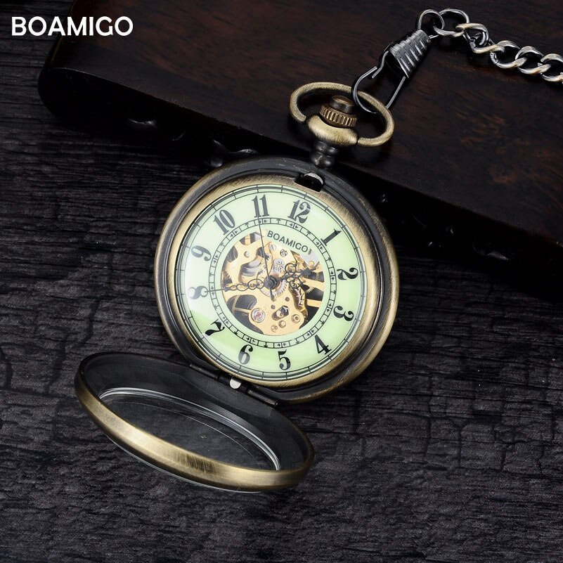 Fob mannen pocket horloges antieke mechanische horloges skeleton koper klok legering case luxe keten boamigo brand reloj hombre