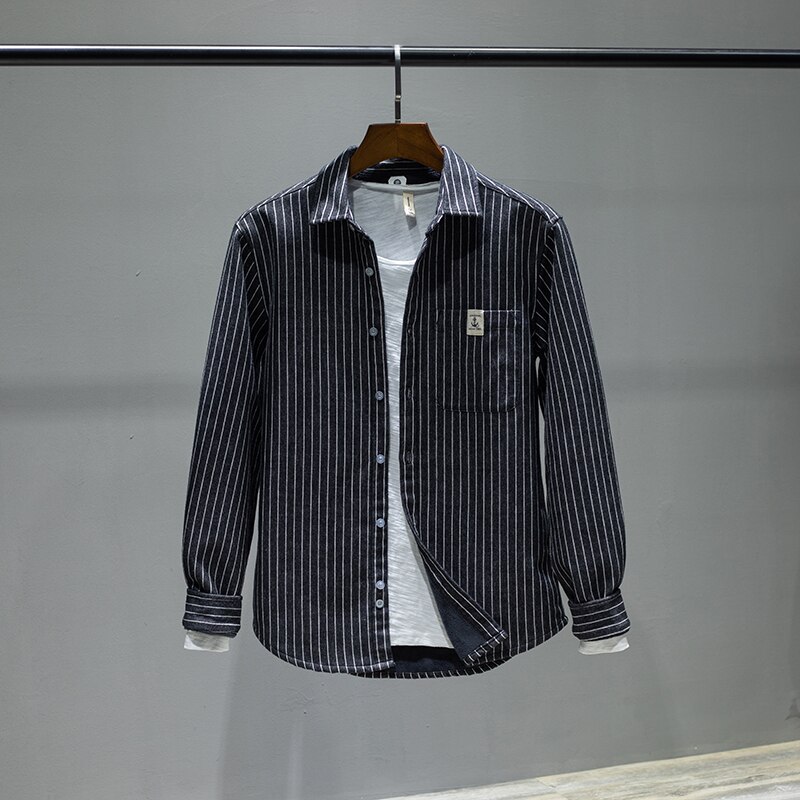 Høst og vinter langermet stripe pluss fløyels tykke skjorter herre uformelle stripet skjorte for menn komfortabel skjorte: Svart / Xxxl (asiatisk størrelse)