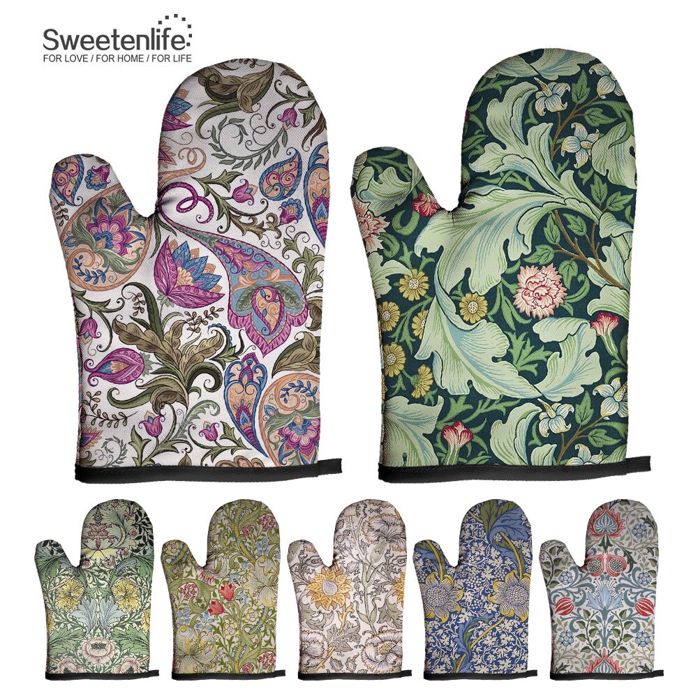 Retro Pattern Microwave Glove Potholder Polyester Oven Mitt Insulation Gloves Kitchen Pad Baking BBQ Gloves Home Decor