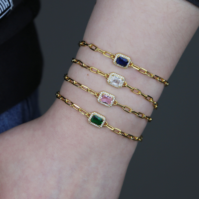 Goud Kleur Papier Clip Keten Kleurrijke Birthstone Cz Geometrische Rechthoek Charm Armband Voor Vrouwen