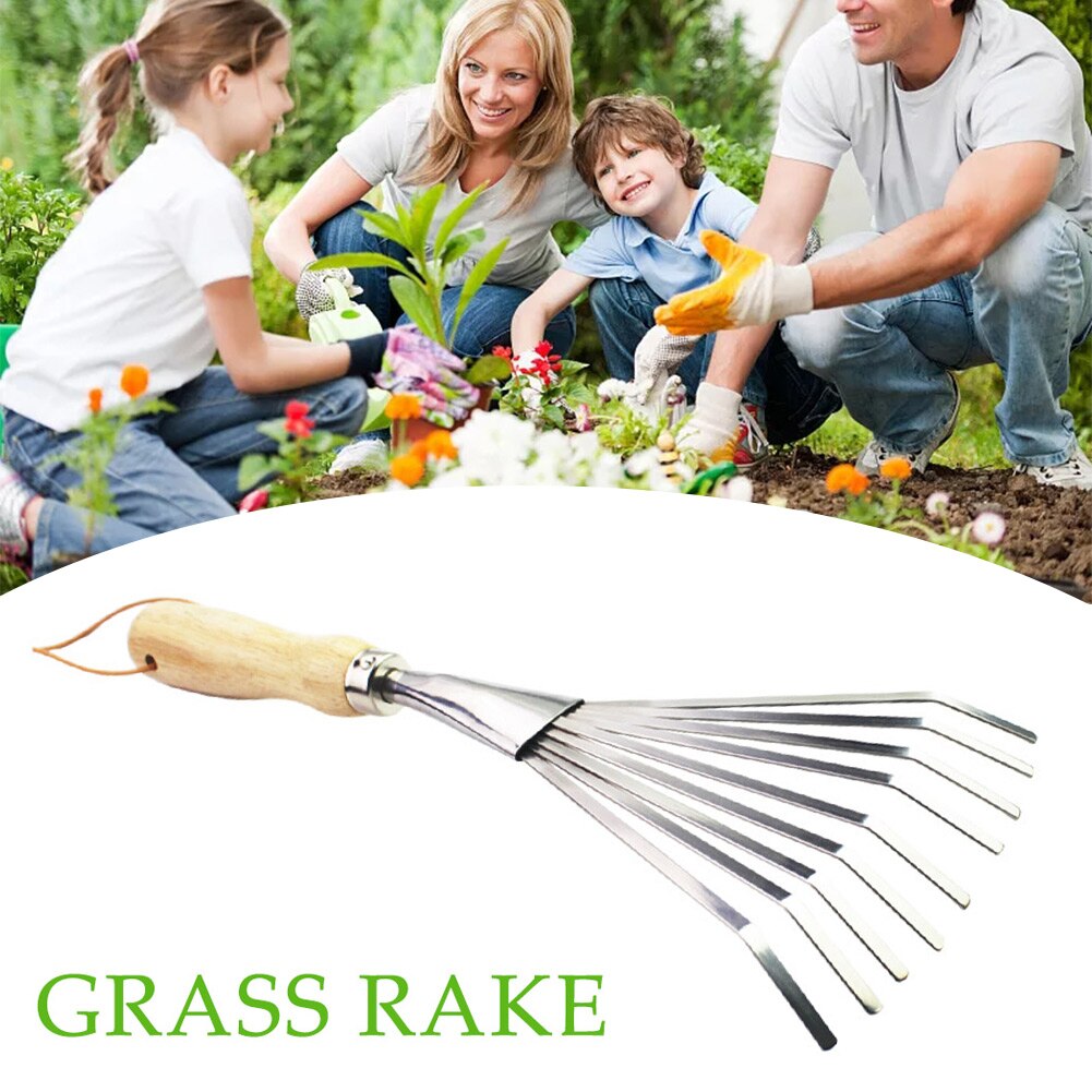9 Teeth Patio Grass Rake Gardening Outdoor Garden Leaf Stainless Steel Shrub Picking Sweep For Lawn With Wooden Handle Backyard