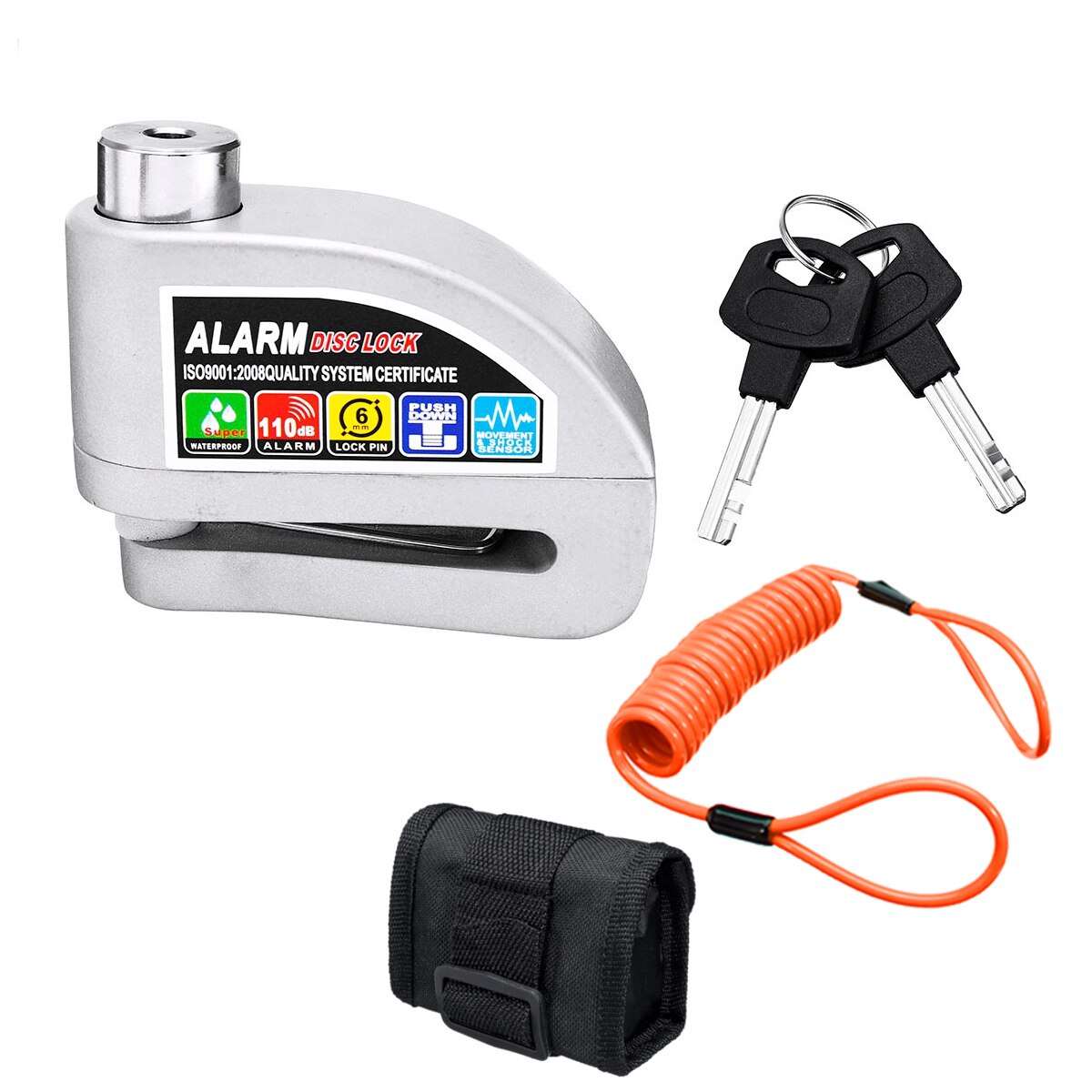 2m/6ft Metal Motorcycle Scooter Security Anti-theft Wheel Disc Brake Lock Alarm Kit Reminder Cable Alarm Lock Bike Brake Bag