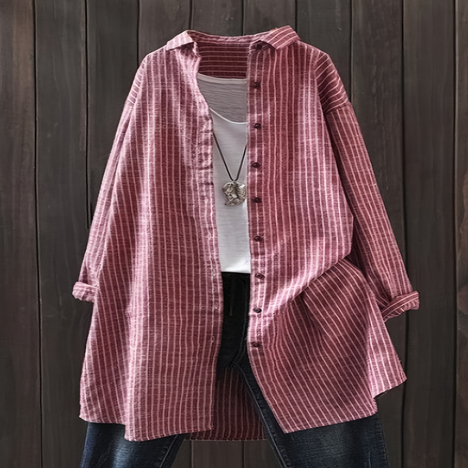 Chemise boutonnée à imprimé rayé sur le devant, chemise polyvalente à manches longues pour le printemps et l'automne, vêtements pour femmes