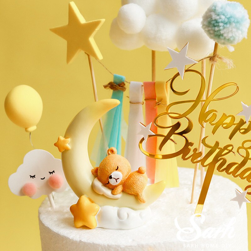 Månen sover björn tårta topper för födelsedagsfest tillbehör hårboll regnbåge baby shower dessert dekoration barn bakning kärlek