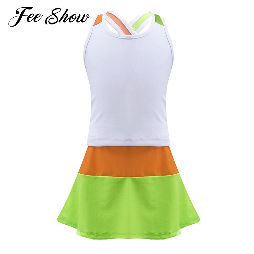 2 Piece Kids Girls Summer Sport Suit Straps Vest and Skirt with Built-in Shorts Tennis Set Gymnastics Workout Outfits Sportswear