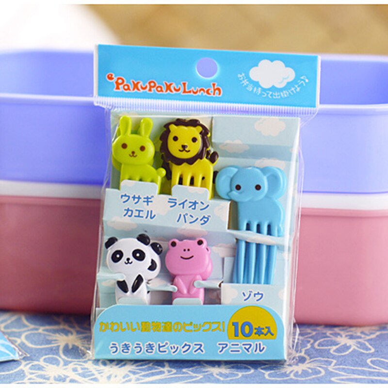 Set van 10 mini-voedselvorkjes met cartoon-groente-fruitvorkjes en prikkers in de vorm van een dierenboerderij voor op een feestje.