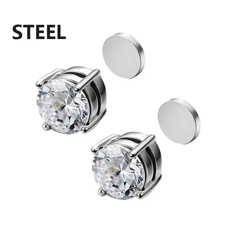 1 Pairs Crystal Strong Magnetic Ear Stud Clip Earrings for Men Women Punk Round Zircon Magnet Earrings Non Piercing Jewelry: WHITE / SILVER PLATED