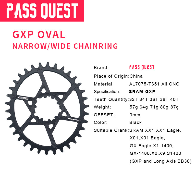 PASS QUEST GXP Round Oval 0mm Offset 32T-42T Chainring MTB Narrow Wide Bike bicycle Chainwheel for Sram XX1 GX eagle X9 crankset