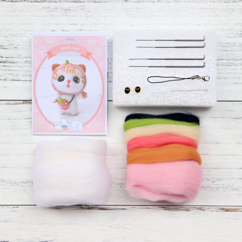 Gorra de Navidad gato lana manualidad de fieltro DIY inacabado pinchado conjunto Kit para manualidades para Material de la aguja bolsa hecha a mano pinchado conjunto: 08