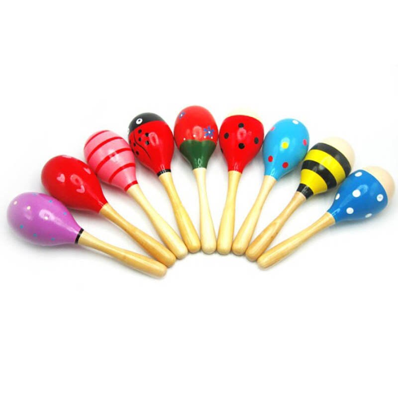 Cartoon Colorful Baby Rattles Mobile Bed Sand Sound Striped Dot Solid Print Chimes Ringing Hand Bell Baby Wooden Rattle Toys