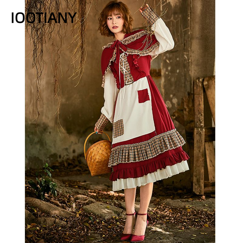 IOOTIANY Lace Patch Lolita Little Red Riding Hood Long Dress Cosplay Costume Suit With Cape for Girls Woman Party Costumes 2024