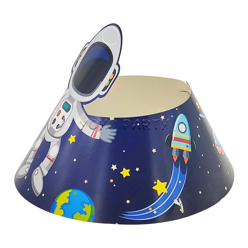 6 uds de cumpleaños sombrero de papel gorro para chico niño astronauta nave espacial Solar bebé ducha partido suministros Deco con banda elástica