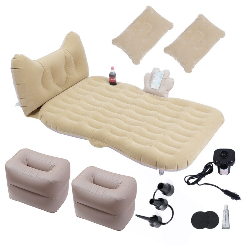 Car travel bed cartoon Cat shape head guard side block flocking car air inflatable travel mattress bed for back seat accessories: Beige