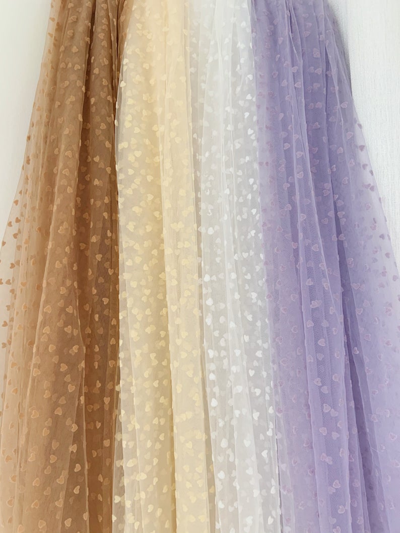 1 yard Nude Tan Tulle Lace Fabric With Velvet Hearts Tulle Mesh Fabric With Velvet Dot