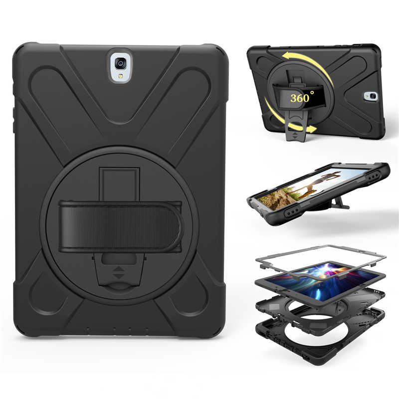 Armor coque voor samsung galaxy tab  s3 9.7 sm-t820 t825 handriem 360 draaibare standaard hoes voor samsung  t820 t825 hoesje 9.7 '': Zwart