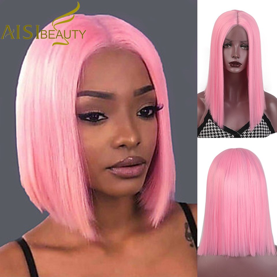 Aisi Beauty Synthetische Lace Front Pruik Korte Rechte Roze Blond Zwart Pruiken Voor Vrouwen Natuurlijke Deel Cosplay Pruiken
