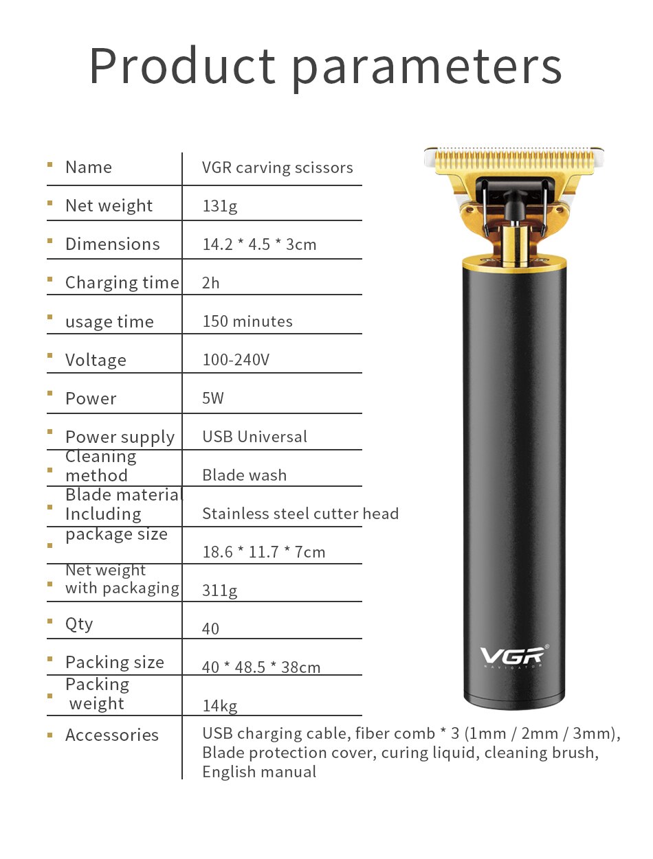 Vgr Professionele Tondeuse Kapper Tondeuse Voor Mannen Cordless Rand Elektrische Haar Snijmachine Kapsel Li-Ion Batterij