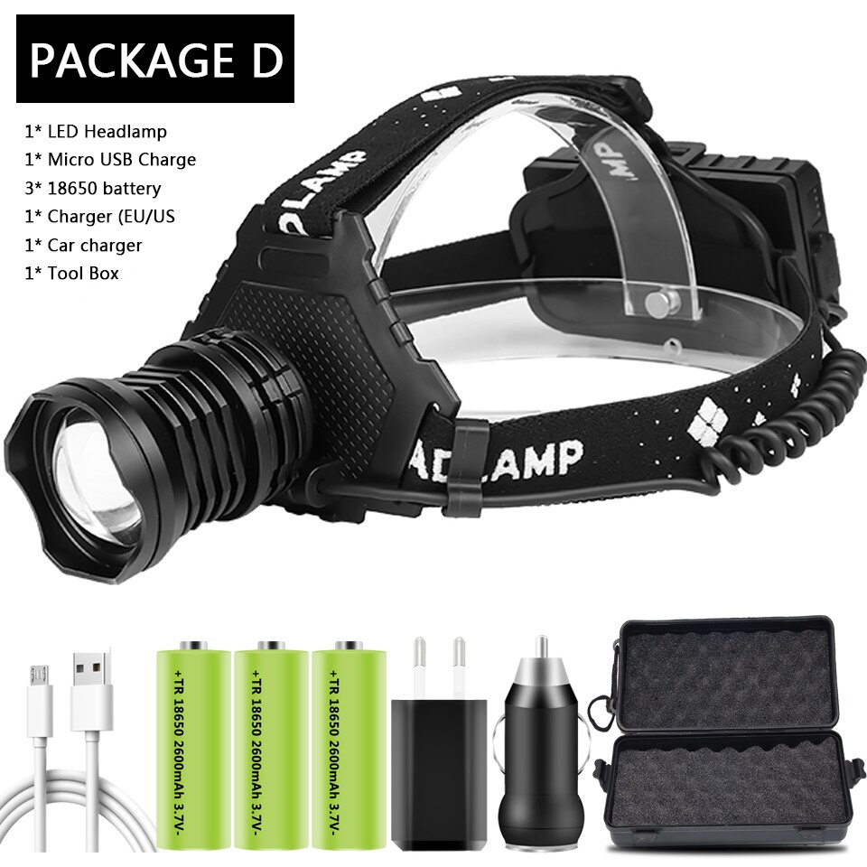 Lampa czołowa doprowadziło najmocniejszy reflektor XHP160 Zoomable głowica aluminiowa lampa Powerbank 7800mAh 18650 bateria robić oświetlenia kempingowego: Package D