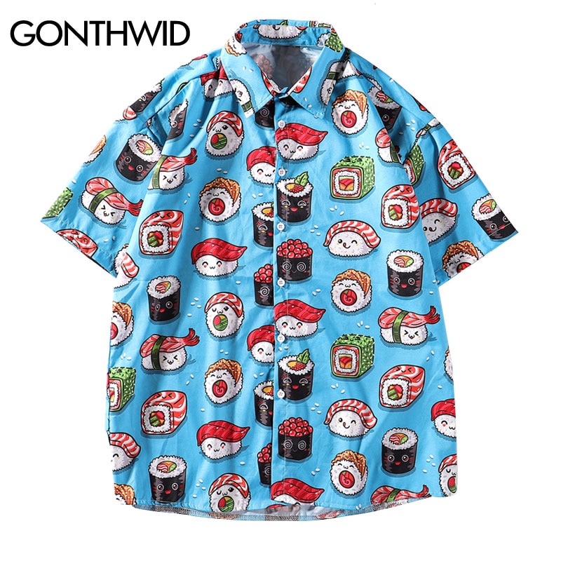 Gonthwide søde sushi print hawaiiansk strandskjorter herre aloha tropisk hawaii skjorte sommer korte ærmer button down skjorter toppe