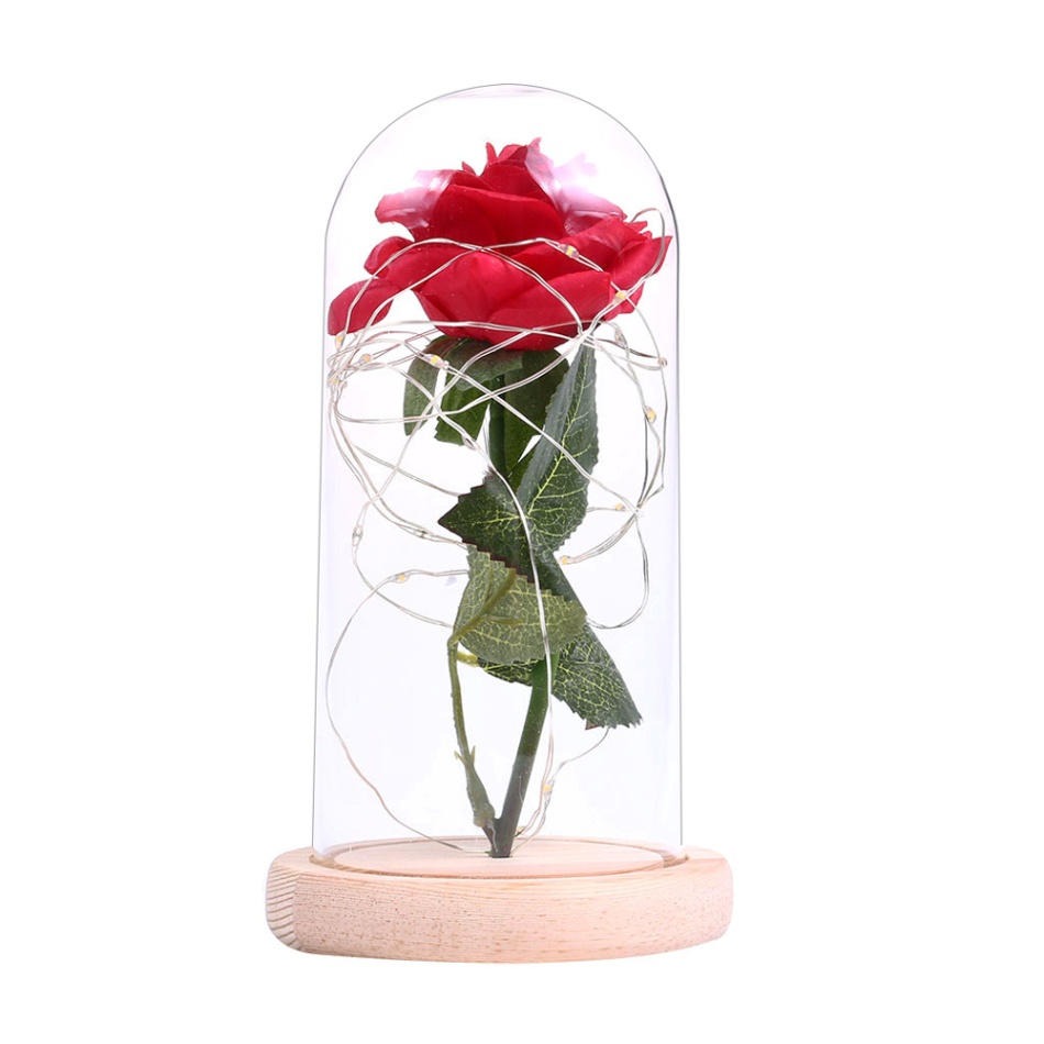 Bloem Rode Roos In Glas Dome Houten Base Led Rose Lampen Woondecoratie Accessoires Kunstbloem Valentijnsdag