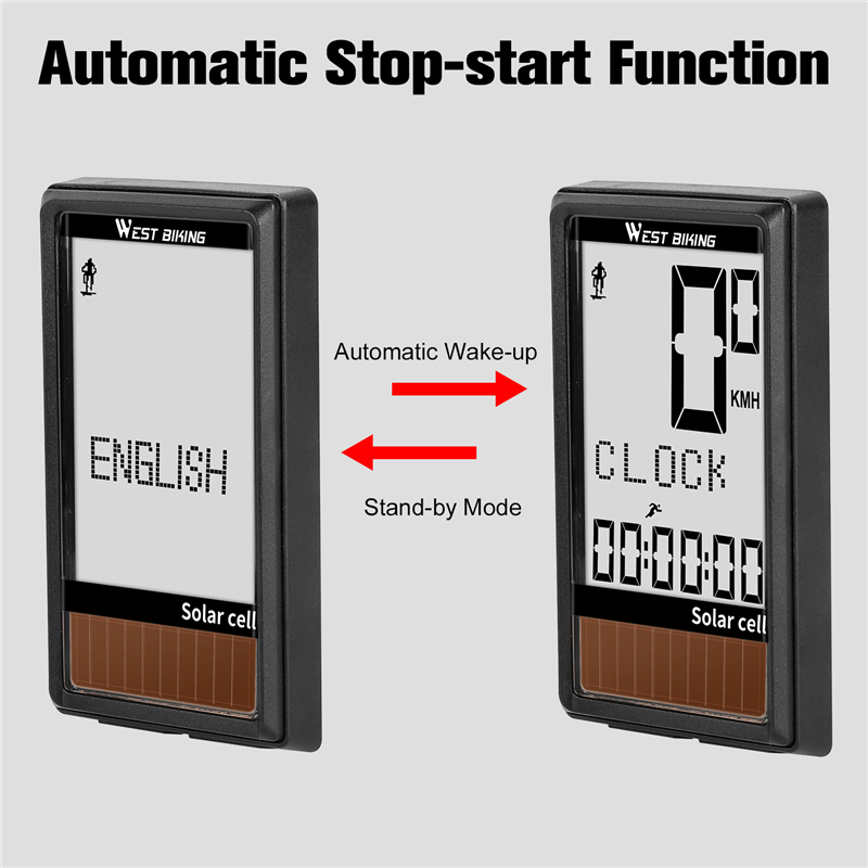 WEST BIKING Bicycle Computer Waterproof Wireless Bicycle Speedometer Stopwatch 5 Languages Solar Bike Computer Speedometer