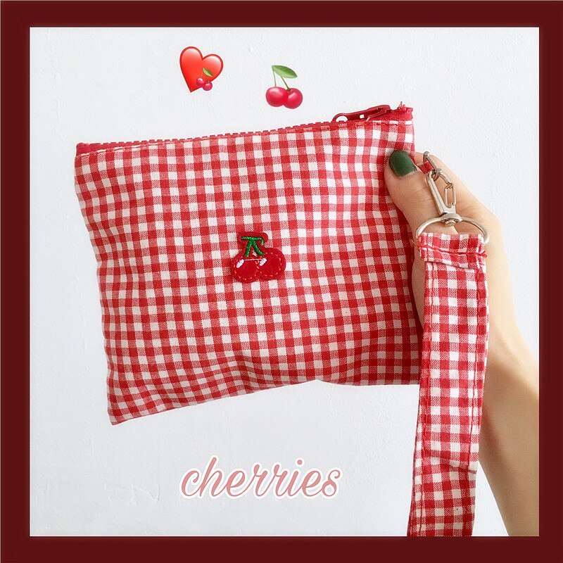 1 pc ins kirsebærrød plaid makeup læbestift taske unge piger sød clutch make up håndleds taske til kvinder rejse kosmetik taske
