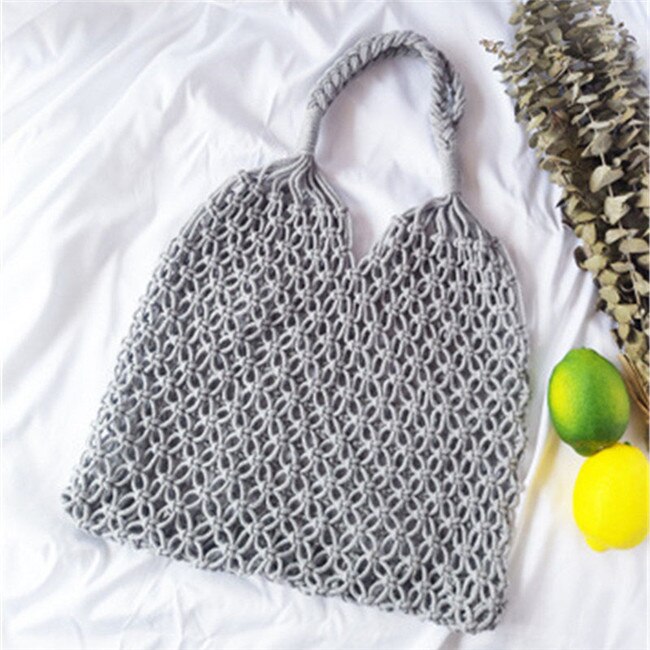 Bevölkerung Baumwolle Seil Hohl Stroh Tasche schier Macrame Tote Böhmischen Ultraleicht Schulter Tasche Netz Tasche Jahrgang retro schick handtasche: Grau
