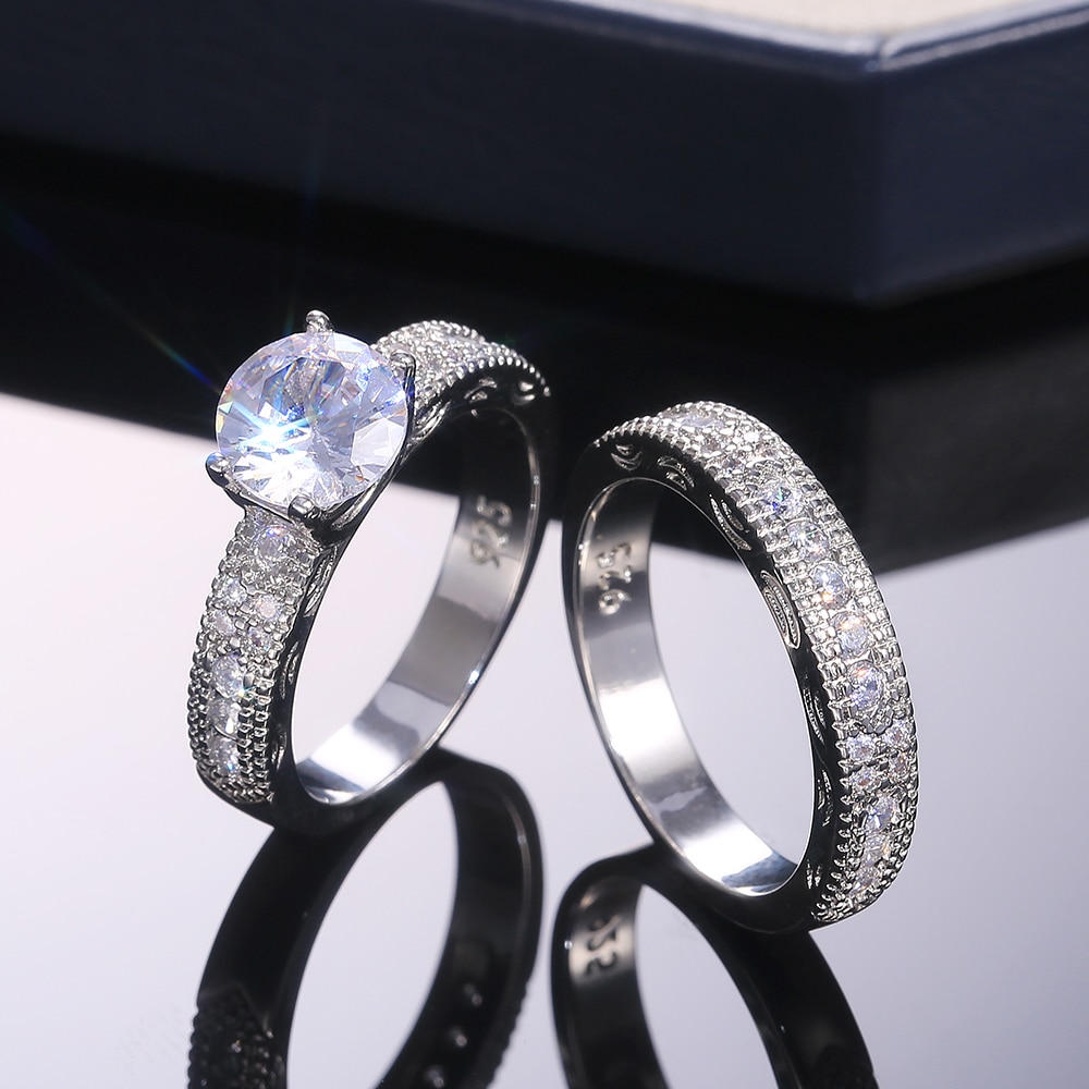 Hutan Ethnic Bridal Wedding Women Ring 2Pcs Silver Color Noble Lay Party Finger Rings CZ Stone Stylish Jewelry