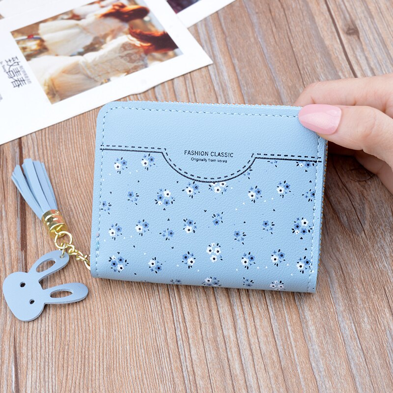 nueva cartera de mujer cartera corta de piel cremallera tarjeta con borla bolso Estudiante Coreano pequeña cartera Floral: Azul