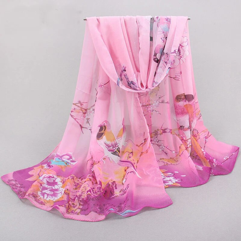 Spring Summer Printed Chiffon Silk Magpie Scarf Compact Lightweight Scarf Travel Sun Protection Scarf Shawls Wraps For Women: green