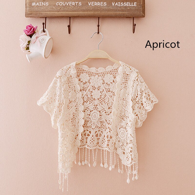 Spets vit/aprikos kvinnor kortärmad axelryckning bolero med tofs spets bröllop brud sommar cape jacka: Beige / L
