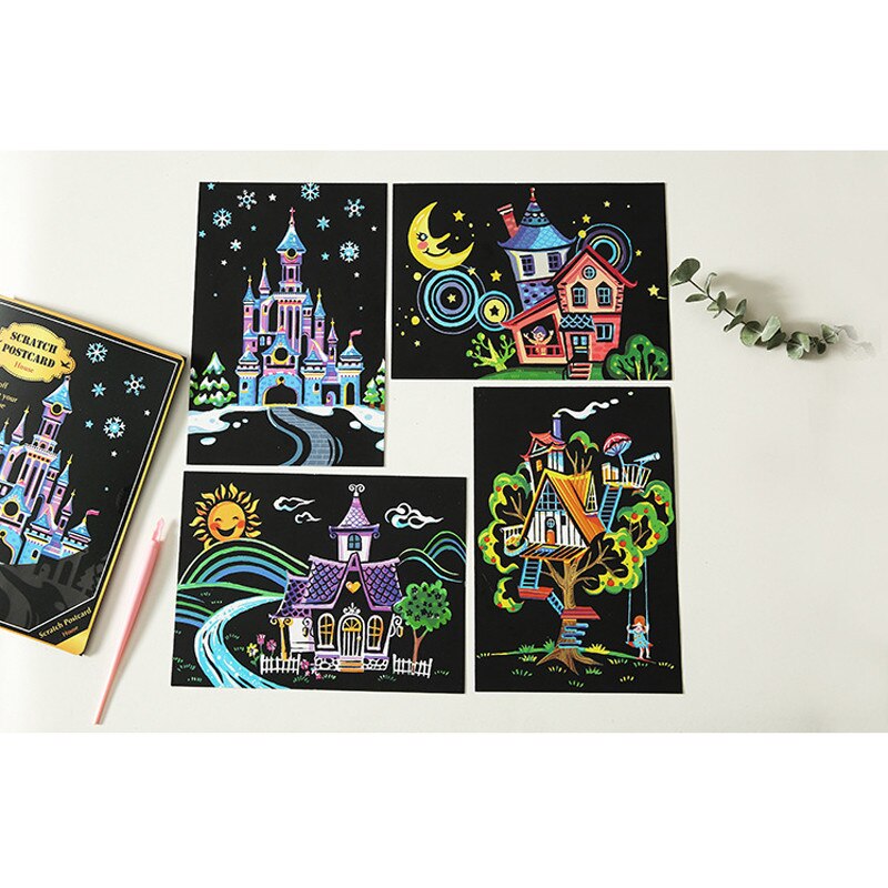 BalleenShiny 4Pcs Kids Magic Scratch Paintings DIY Toys Animals Castle Drawings Kid Educational Learning Toys Child: Colorful house