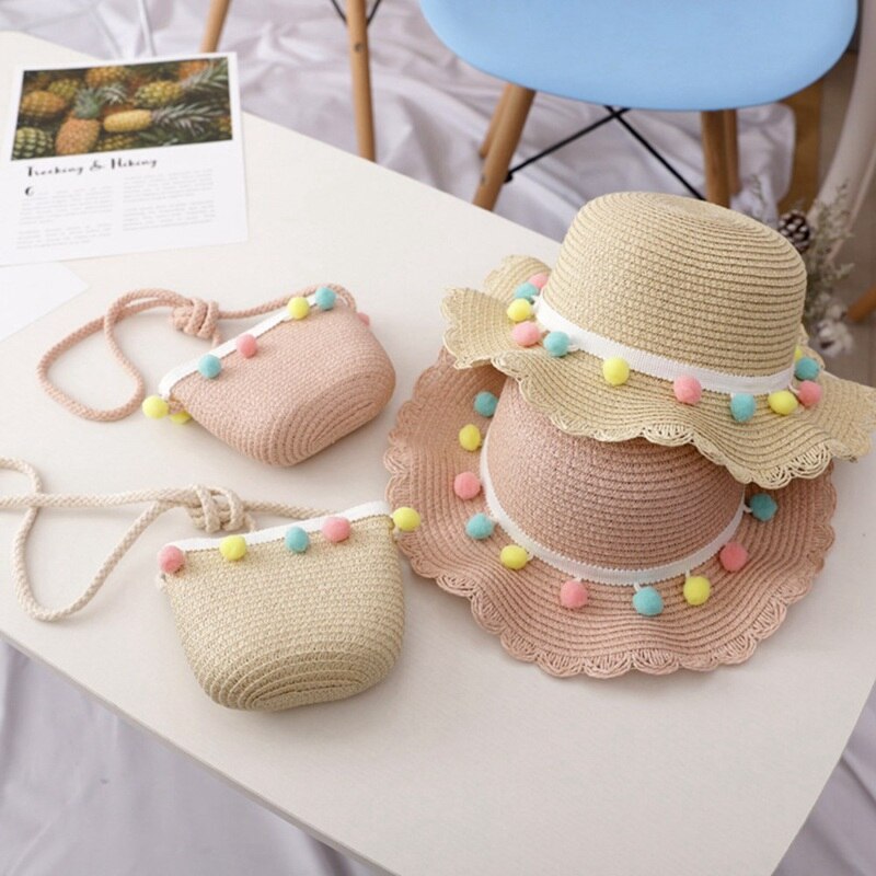 Sombrero de cubo de verano para niñas, 1 Juego, sombrero de paja para playa, gorro de viaje de ala ancha, gorras de pescador informales, Panamá para niños