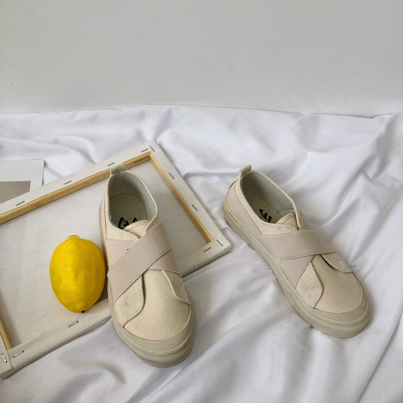 Canvas Shoes Students Girl Casual Shoes Beige Sneakers Slip on Loafers Round Head Elastic Band All Match Simple Concise Style