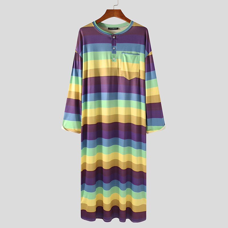 Men Striped Robes Colorful Round Neck Long Sleeve Soft Bathrobes Cozy Nightgown Loose Leisure Mens Dressing Gowns S-5XL INCERUN: Green / XXXL