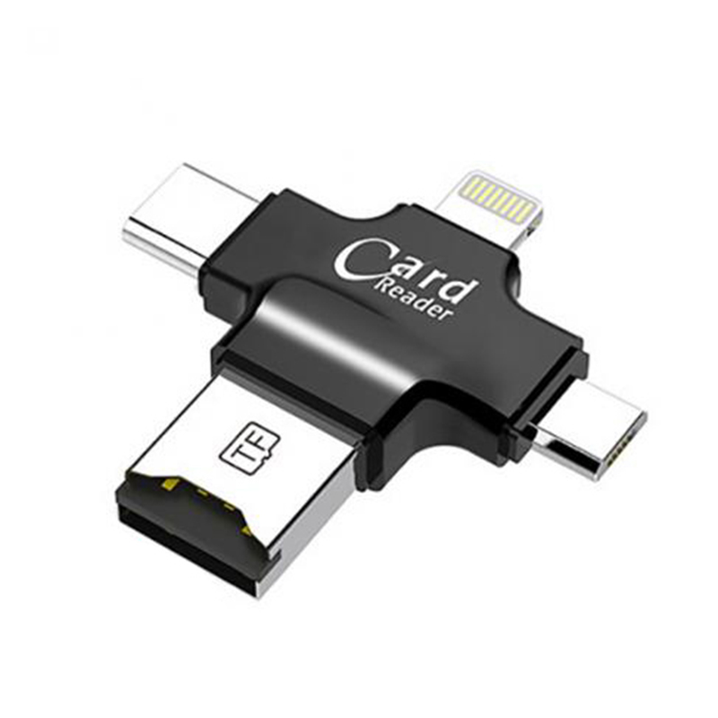 4 en 1 lector de tarjeta tipo C Adaptador micro USB Lector de Tarjetas Micro SD tarjeta para iPhone/iPad inteligente OTG: Black