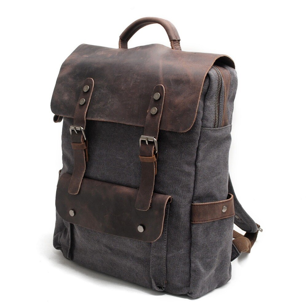 laptop men&#39;s backpack waxed canvas Backpack Vintage Canvas Backpack Leather School Bag Neutral Portable Wearproof Travel Bag