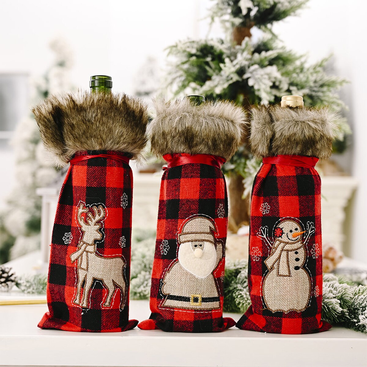 Kerst Wijn Tassen, Classic Kerstman Sneeuwpop Elanden Buffalo Plaid Wijn Fles Houder Pouch Met String