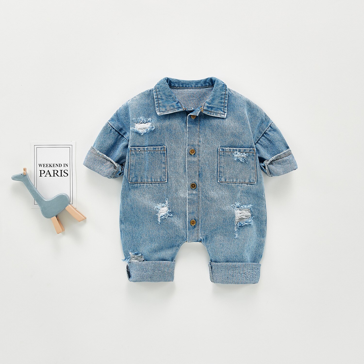 5223 baby herfst denim jumpsuit lange mouwen jongens en meisjes overall gebroken gat een stuk kleding kinderen bovenkleding